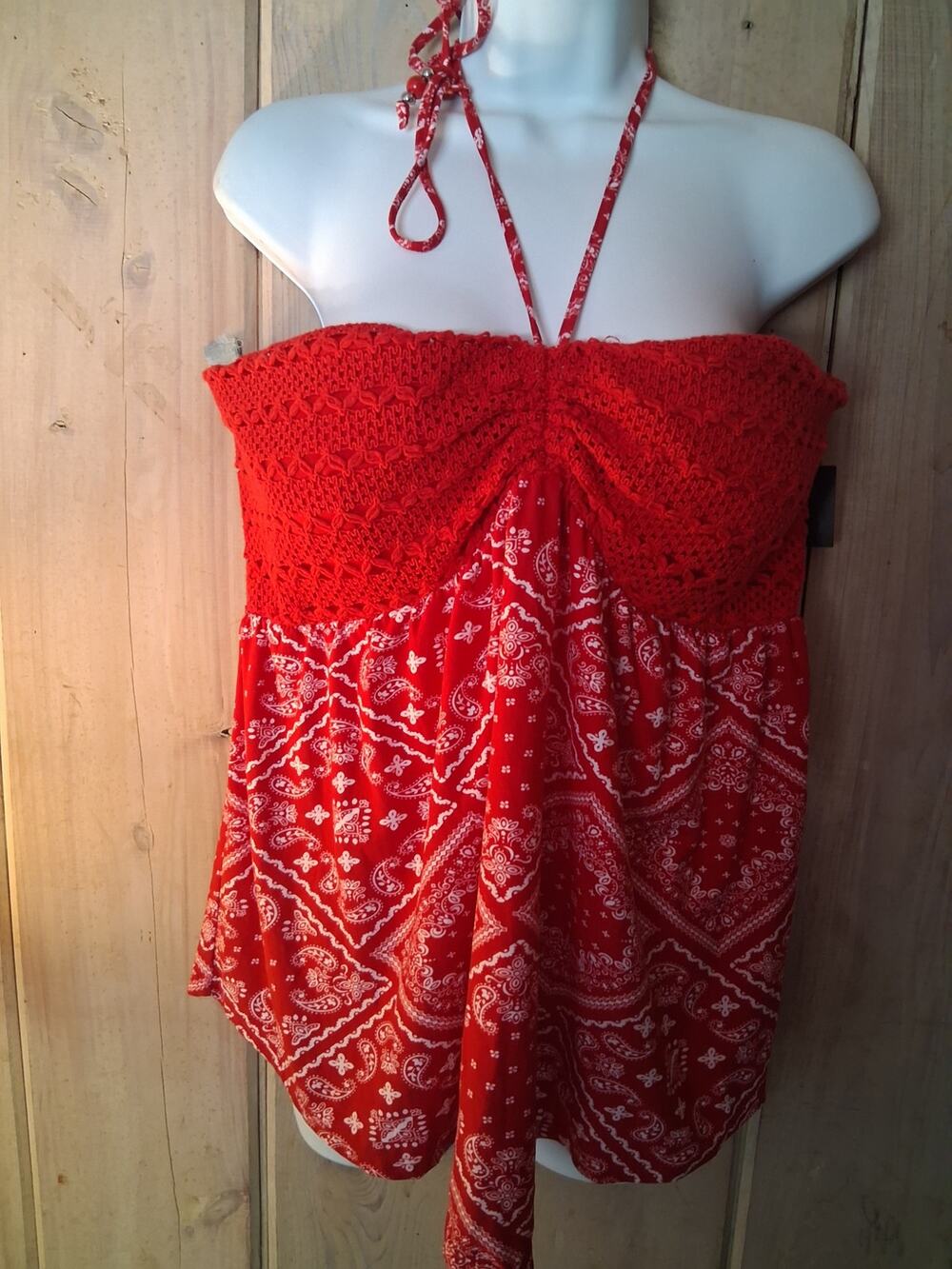 NO BOUNDARIES NWT Y2K RED WHITE BANDANA PRINT BABYDOLL HALTER TOP XXXL(21)